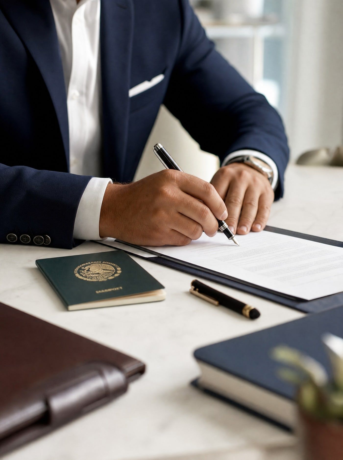 Manos firmando documentos de constitución de una empresa junto a un pasaporte